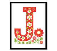 Artery8 Framed Wall Art Red Letter J In Simple Flowers Daisy Spring Floral Word - 12X16 Inch