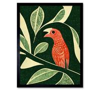 Artery8 Framed Wall Art Red Parrot On Tree Branch Vintage Linocut - 12X16 Inch