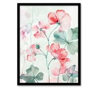 Artery8 Framed Wall Art Red Pastel Geranium Flowers Modern Watercolour Print - 12X16 Inch