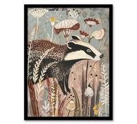 Artery8 Framed Wall Art Rustic Woodland Badger Artwork Forest Wildflowers Print - 12X16 Inch