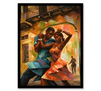 Artery8 Framed Wall Art Salsa Cuban Street Dance Colourful Dancing Painting Rhythm Body Energy Theatre Arts - 12X16 Inch