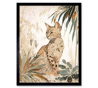 Artery8 Framed Wall Art Savannah Cat With Colourful Fur Pattern In Nature Modern Watercolour - 12X16 Inch