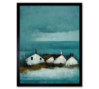 Artery8 Wall Art Print Scottish Seascape White Cottages On Teal Art Framed in Black | Size: W12" x H16" Artery8 Black W12" x H16"