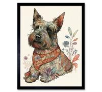 Artery8 Framed Wall Art Scottish Terrier Dog With Flower Pattern Fur Coat Modern Watercolour - 12X16 Inch
