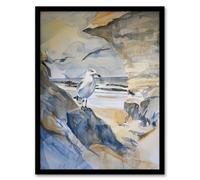 Artery8 Framed Wall Art Seagull Aldeburgh Beach Suffolk Watercolour Coast Print - 12X16 Inch