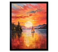 Artery8 Framed Wall Art Serene Lake Sunset Sailing Vibrant Oil Painting Sail Boat Lakeside Mountain Landscape - 12X16 Inch