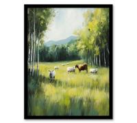 Artery8 Framed Wall Art Sheep Cows Grazing Countryside Field Painting Print - 12X16 Inch