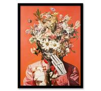 Artery8 Framed Wall Art Shy Cyborg Robot Flower Bouquet Hat Pink Suit Print - 12X16 Inch