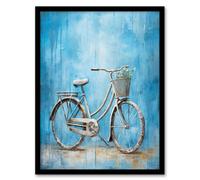 Artery8 Framed Wall Art Simple Elegant Single Bicycle On Blue Modern Contemporary Detailed Flower Basket Artwork - 12X16 Inch