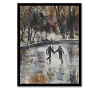 Artery8 Framed Wall Art Skaters On Frozen Lake Artwork Winter Dark Ice Print - 12X16 Inch