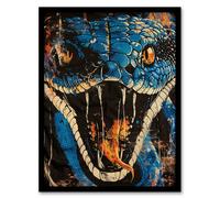 Artery8 Framed Wall Art Snake Head Open Mouth Orange Blue Grunge Comic Poster - 12X16 Inch