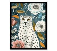 Artery8 Framed Wall Art Snow Leopard Floral Pattern Watercolour Folk - 12X16 Inch