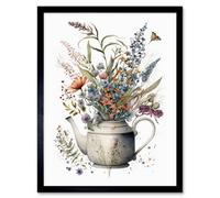 Artery8 Framed Wall Art Spring Wildflower Bouquet In White Ceramic Teapot - 12X16 Inch