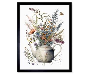 Artery8 Framed Wall Art Spring Wildflower Bouquet In White Ceramic Teapot - 12X16 Inch