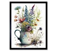 Artery8 Framed Wall Art Spring Wildflower Floral Bouquet In A Teapot Vase - 12X16 Inch