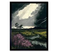 Artery8 Framed Wall Art Storm Clouds At Scottish Meadow With Heather Shrub - 12X16 Inch