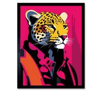 Artery8 Wall Art Print Strong Leopard in Suit Bold Artwork Orange Pop Art Hot Pink Vibrant Portrait Art Framed in Black | Size: W12" x H16" Artery8 Black W12" x H16"