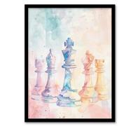 Artery8 Framed Wall Art Stylised Chess Pieces Light Pastel Watercolour Print - 12X16 Inch