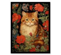 Artery8 Wall Art Print Stylish Ginger Striped Kitten Cat Red Amidst The Flowers Floral Design Art Framed in Black | Size: W12" x H16" Artery8 Black W12" x H16"