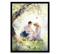 Artery8 Framed Wall Art Summer Romance Watercolour Painting Picnic Under Apple Blossom Tree Bedroom - 12X16 Inch