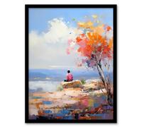 Artery8 Framed Wall Art Summit Viewpoint Lone Autumn Tree Painting Orange Blue - 12X16 Inch