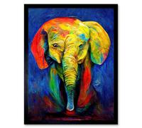 Artery8 Framed Wall Art Surreal Baby Elephant Colourful Abstract Bright - 12X16 Inch