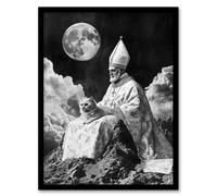 Artery8 Framed Wall Art Surreal Cat Lover Pope And Moon Black White Print - 12X16 Inch