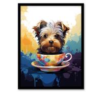 Artery8 Framed Wall Art Tea Cup Yorkshire Terrier Dog Lover Gift Pet Portrait Blue Purple Orange Artwork Painting - 12X16 Inch