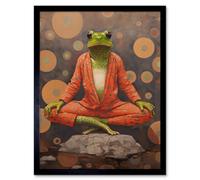 Artery8 Framed Wall Art The Enlightened Frog Meditation Yogi Conceptual Artwork Green Coral Pink Yoga Mindfulness - 12X16 Inch