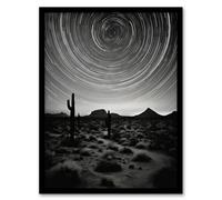 Artery8 The Milky Way Time Lapse Star Trails Stars Tracing Their Journey Across Black White Cactus Art Print Framed Poster Wall Decor Artery8 Black W12" x H16"