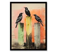 Artery8 Framed Wall Art Three Crows Sitting On A Pier Pink Green Yellow - 12X16 Inch