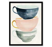 Artery8 Framed Wall Art Three Stacked Tea Cups Bright Boho Watercolour - 12X16 Inch