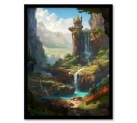 Artery8 Framed Wall Art Tower Over Cascading Waterfall Conceptual Art Painting Enchanted Forest Mountain Landscape - 12X16 Inch