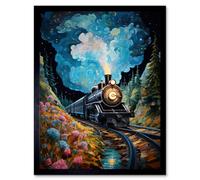 Artery8 Framed Wall Art Train Ride To Imagination Land Conceptual Art Oil Painting Dream Journey Railroad - 12X16 Inch
