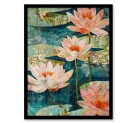 Artery8 Framed Wall Art Tranquil Pink Water Lilies On Calm Pond Art Print - 12X16 Inch