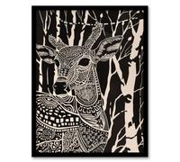Artery8 Tribal Pattern Deer Black White Forest Landscape Framed Art Print | Size: W12" x H16" Artery8 Black W12" x H16"