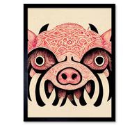 Artery8 Framed Wall Art Tribal Pattern Pig Hog Mask Wild Boar - 12X16 Inch