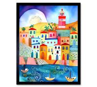 Artery8 Framed Wall Art Tunisia Seaside Town Folk - 12X16 Inch