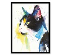 Artery8 Tuxedo Black White Cat Lover Bright Watercolour Living Room Art Print Framed Poster Wall Decor 12x16 inch