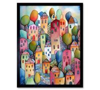 Artery8 Framed Wall Art Village On The Hill Cobble Streets Folk - 12X16 Inch