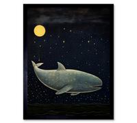 Artery8 Framed Wall Art Whale Breach At Full Moon Reach For The Stars Conceptual Artwork Kids Bedroom - 12X16 Inch