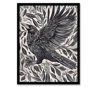 Artery8 Framed Wall Art Wild Black Raven In Flight Painting Magic Gothic Print - 12X16 Inch