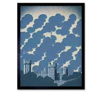 Artery8 Framed Wall Art Windsor Castle With Cloudy Sky Lithograph In Blue - 12X16 Inch