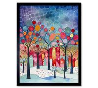 Artery8 Wall Art Print Winter Abstract Village Folk Art Framed in Black | Size: W12" x H16" Artery8 Black W12" x H16"