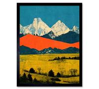 Artery8 Framed Wall Art Winter Mountains Landscape Modern Papercut Blue Orange Mustard - 12X16 Inch