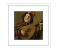 Artery8 Frans Hals The Lute Player Painting 8X8 Inch Square Wooden Framed Wall Art Print Picture with Mount in White Artery8 White