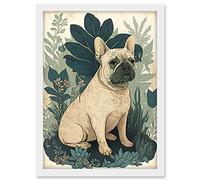 Artery8 French Bulldog and Tropical Plants Modern Pastel Colour Boho Illustration Artwork Framed A3 Wall Art Print