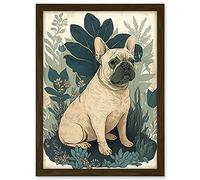 Artery8 French Bulldog and Tropical Plants Modern Pastel Colour Boho Illustration Artwork Framed A3 Wall Art Print