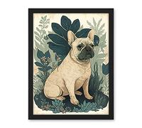 Artery8 French Bulldog and Tropical Plants Modern Pastel Colour Boho Illustration Artwork Framed Wall Art Print 18X24 Inch