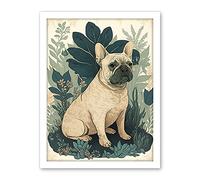 Artery8 French Bulldog and Tropical Plants Modern Pastel Colour Boho Illustration Artwork Framed Wall Art Print 18X24 Inch